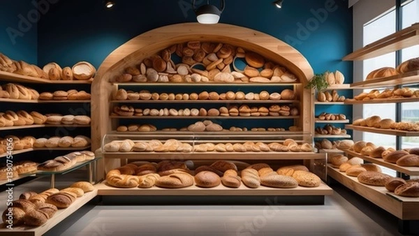Obraz Shelves filled with an assortment of freshly baked loaves of bread.