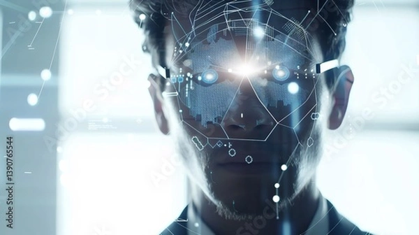 Fototapeta Futuristic Humanoid Robot Interacting with Large Digital Interface