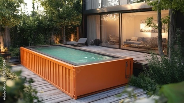 Fototapeta Modern Outdoor Container Pool Surrounded by Lush Greenery and Stylish Patio Furniture