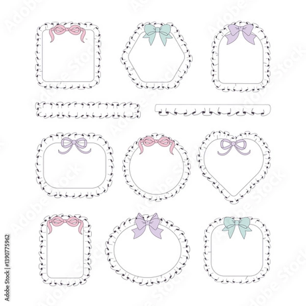 Fototapeta Cute decorative frames with ruffles and bows. Hand-drawn vector set pastel frames в різних shapes. Perfect for scrapbooking, invitations, and baby designs.