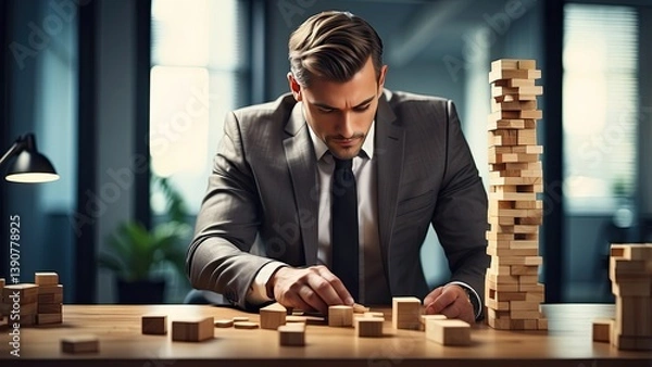 Obraz A person in a suit carefully stacks wooden blocks in a balancing game