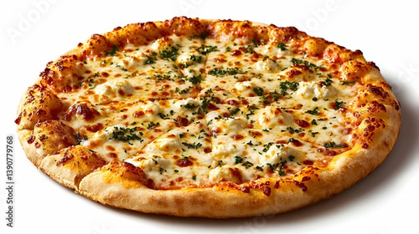 Fototapeta Whole Baked Cheese Pizza on White Background with Herbs and Crispy Crust