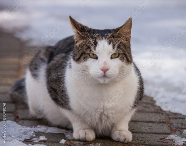 Fototapeta Mongrel cat named Bublik on his first spring walk.
