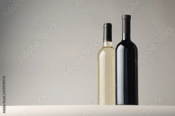 Fototapeta Bottles of wine on light grey background, space for text
