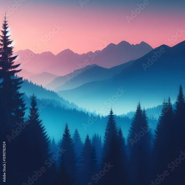 Fototapeta Sunrises and sunsets are reflected in the green forests of the Gira, surrounded by snow and pine trees on the mountains.