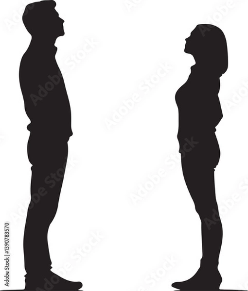 Fototapeta Vector silhouettes of a man and a woman, a couple of business people standing in profile, looking up, black color on a white background