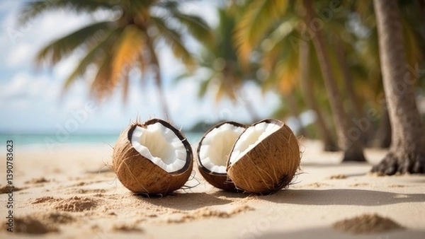 Obraz Halved coconuts with white flesh and brown shells arranged next to a whole coconut