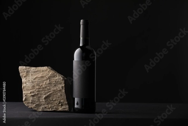 Fototapeta Bottle of wine and rock on black table, space for text