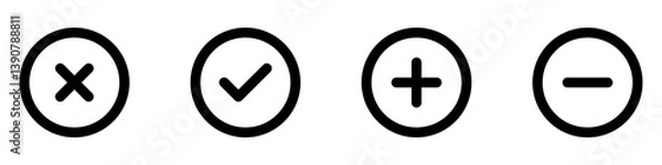 Fototapeta check mark icon button with green tick box and red cross. set of plus, minus icons - right and wrong buttons , close and new icons