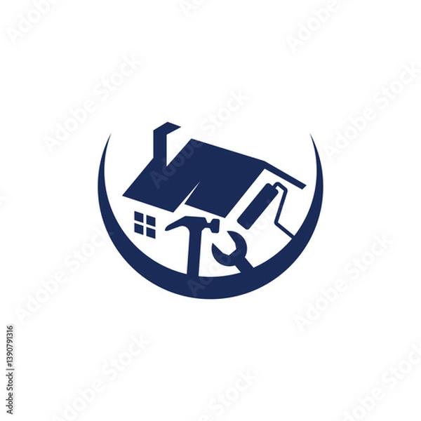 Fototapeta Logo design of a roof combined with work tools, symbolizing construction, home improvement, and craftsmanship with a professional and reliable appearance.

