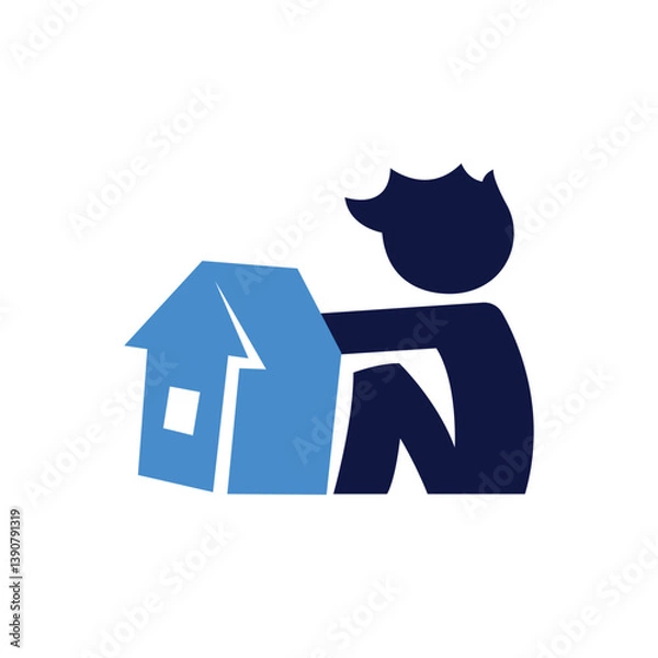 Fototapeta Logo design of a boy holding a house in his hands, symbolizing care, protection, childhood, and home-related values.

