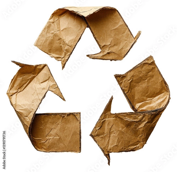 Fototapeta Recycling symbol made of crumpled brown paper on a white background Generative AI