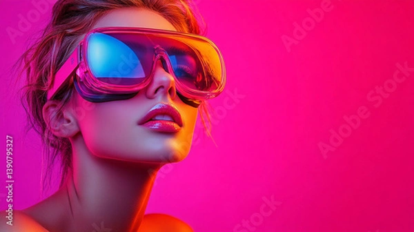 Fototapeta A stunning woman in sci-fi neonpunk style, wearing futuristic VR eyewear, symbolizing the integration of artificial intelligence, virtual reality, and metaverse technology.

