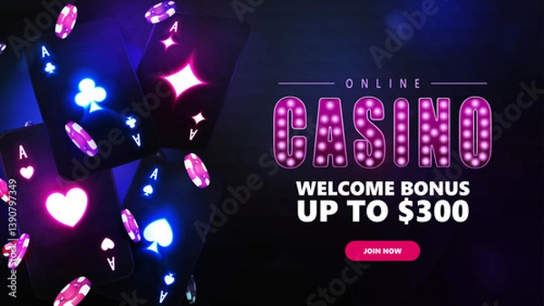 Obraz Online casino, web banner with black neon cards, poker chips and shine signboard with button