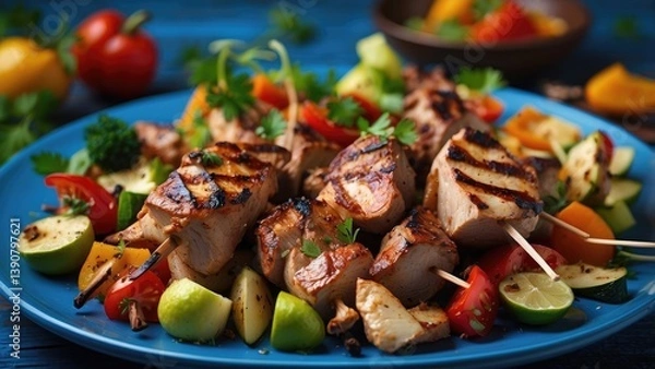 Obraz A plate of grilled meat and vegetable skewers