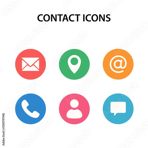 Fototapeta Illustration of a Colorful Contact Us Icons Set – Phone, Email, Location, User, Chat, At Symbol 