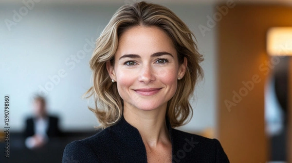 Fototapeta A focused, happy, smiling businesswoman stands in the foreground with a blurred background of colleagues smiling and chatting in a natural, bright, and modern office environment.

