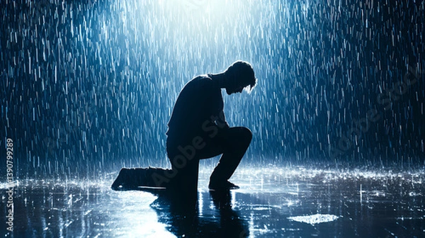 Obraz Sad man kneeling in the rain at night