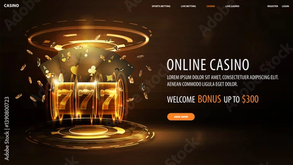 Obraz Online casino, web banner with gold neon shine Casino slot machine with black playing cards and poker chips inside gold futuristic portal on dark empty scene