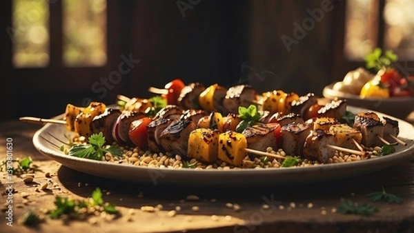 Obraz A plate of grilled meat and vegetable skewers