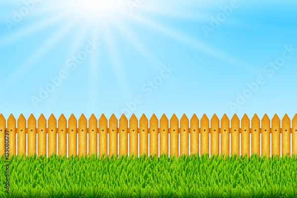 Obraz Vector illustration with green grass, wooden fence, blue sky, and shining sun