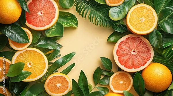 Fototapeta Vibrant Hawaiian fruit arrangement featuring citrus slices and lush green leaves perfect for tropical designs