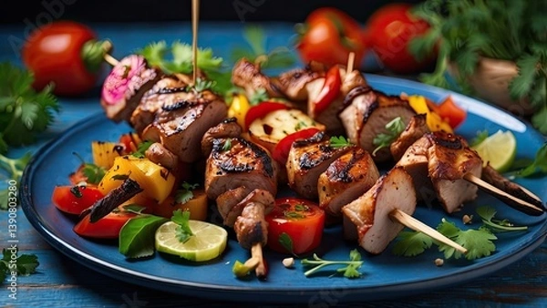 Obraz A plate of grilled meat and vegetable skewers