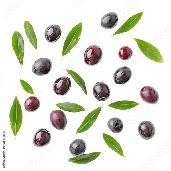 Fototapeta Fresh black olives with green leaves floating on transparent background, high-quality Mediterranean food ingredient, organic and healthy snack, flat lay composition for culinary or packaging use