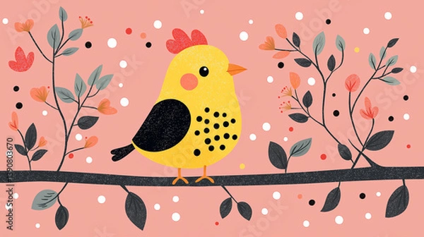 Fototapeta Vibrant yellow bird perched on a branch surrounded by whimsical flora and enchanting spots on a soft pink backdrop during a sunny day.