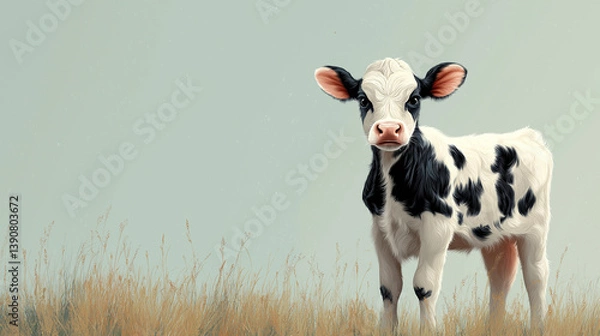 Fototapeta Curious calf stands proudly in a tranquil field under a soft blue sky in the early morning light, reflecting innocence and the beauty of rural life.