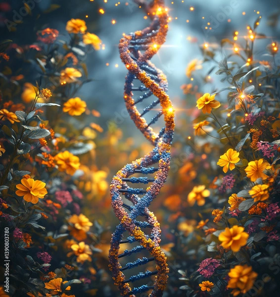 Fototapeta Spiraling through a vibrant garden, a colorful DNA helix weaves an enchanting connection between nature and science, illuminated by soft, magical lights during twilight