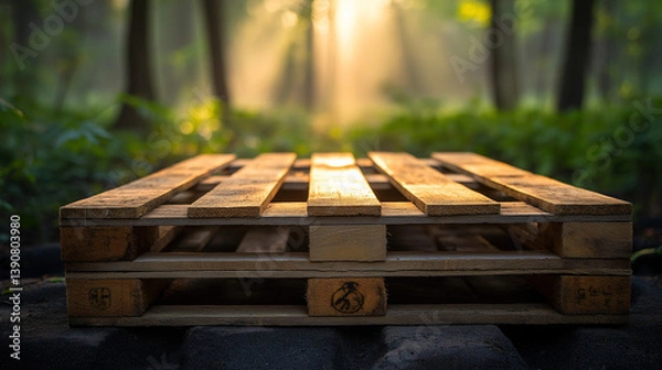 Fototapeta Golden beams of sunlight illuminate a wooden pallet resting in a serene forest, capturing the tranquil beauty of nature amidst morning fog.
