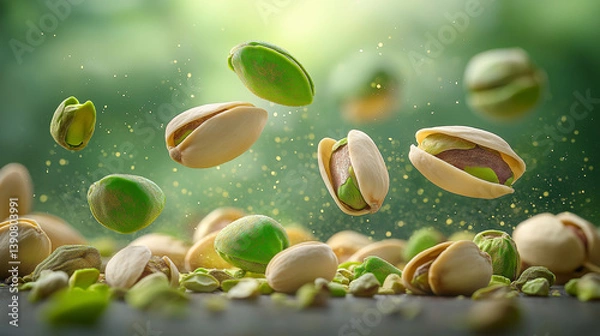 Obraz Floating pistachios create a magical moment of delight with soft blurred green background, capturing the essence of nature and the joy of snacking