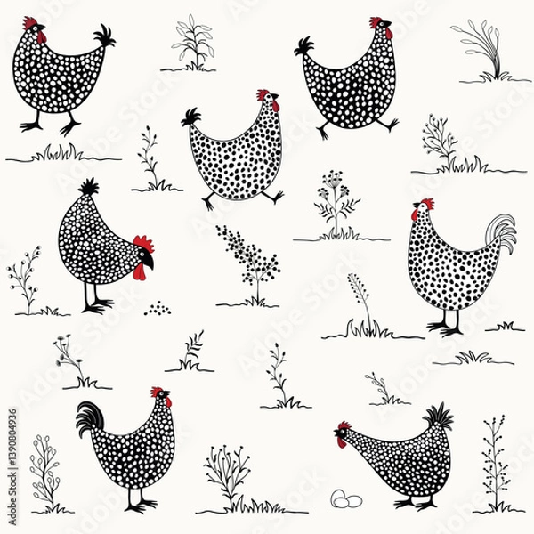 Obraz Pattern with cute  cartoon chickens on white background