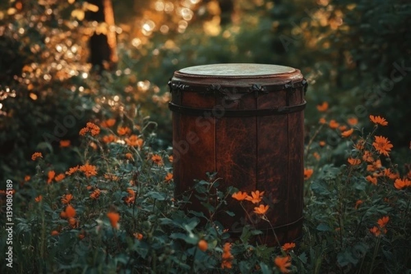 Fototapeta A rustic wooden barrel sits amidst a vibrant field of orange flowers in a serene forest setting.