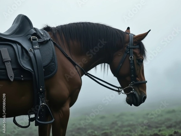 Fototapeta A horse stands with its head bowed near an empty saddle in a misty landscape. The image reflects deep emotions associated with loss and remembrance.