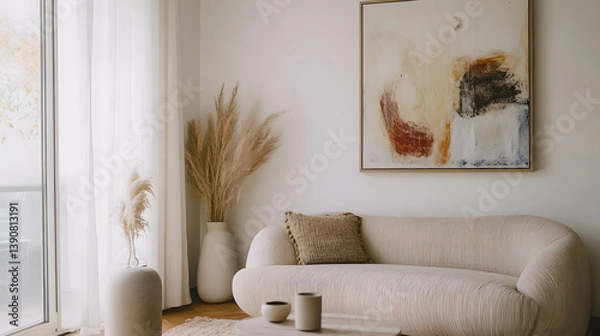 Fototapeta Minimalist living room with neutral tones, featuring a curved sofa, abstract art, and decorative pampas grass.  Cozy, elegant interior design with natural light.
