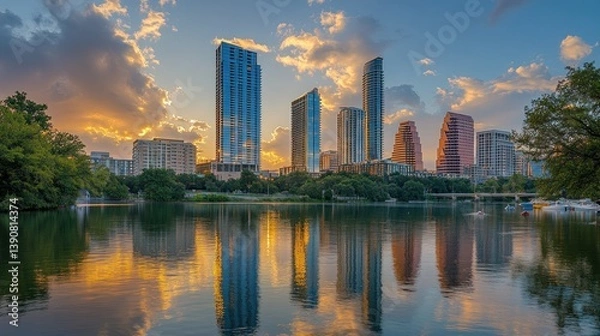 Obraz Sunset Austin skyline reflected in lake, boats, clouds