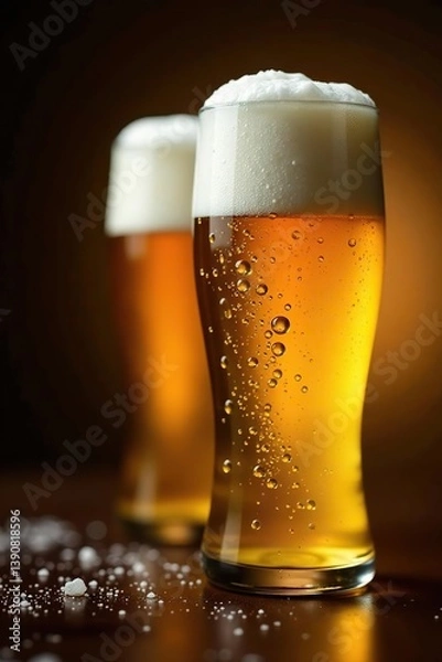 Fototapeta Texture water drops on the surface of a cold beer bottle with a blurred beer background,  cool,  close-up