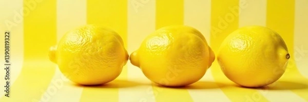 Obraz Three fresh lemons arranged on a vibrant yellow striped white background under the warm sunlight,  striped,  summer