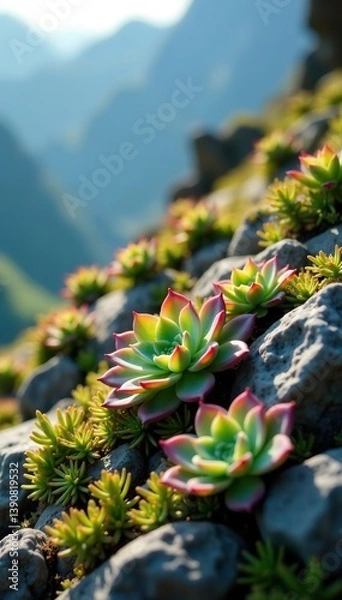 Obraz Tiny succulents with vibrant green and purple leaves peek out from under alpine slide plants, thriving in the cool shade of the mountainside,  alpine slide plants,  purple leaves