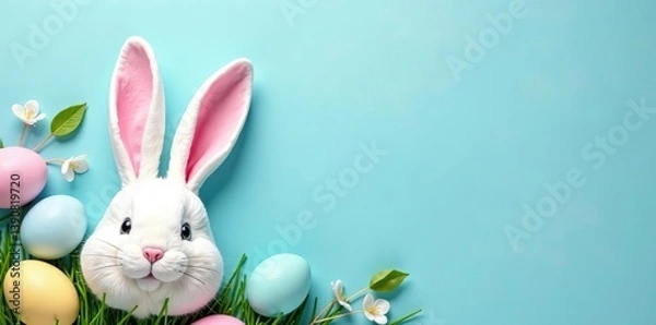 Obraz Top view of Easter bunny ears and colorful eggs on pastel blue background, Easter,  festive