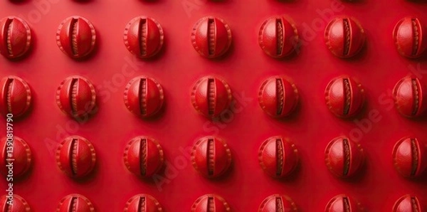 Fototapeta Top view of red coffee pods arranged in rows on red background,  drink, coffee