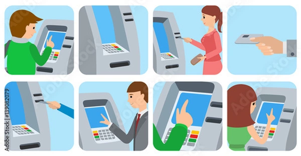 Obraz People using ATM machine. Vector illustration icons isolated white background.