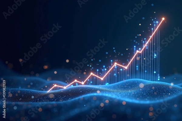 Fototapeta Dynamic Digital Data Visualization with Rising Line Graph Over Abstract Blue Wave Background, arrow going up