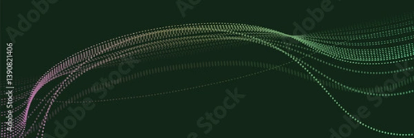 Fototapeta Flowing dot line particles wave pattern halftone green gradient smooth curve shape isolated on transparent background. Vector in concept of technology, science, music, modern.