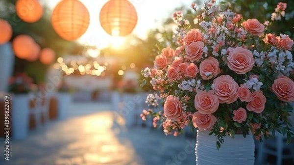 Fototapeta Beautiful floral arrangement with pink roses in a garden setting at sunset with lanterns and soft lighting