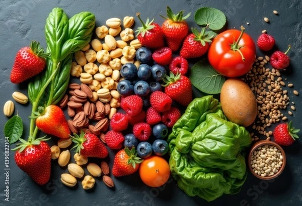 Fototapeta vibrant colorful array whole superfoods slate background nutrient rich fresh healthy natural ingredients, input, fruits, fruit, vegetable, grain, seed, leaf