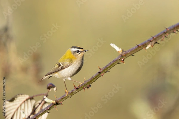Fototapeta Common Firecrest Regulus ignicapilla singing or perching in Central France