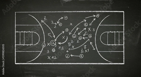 Fototapeta Basketball play tactics strategy drawn on chalkboard, blackboard texture